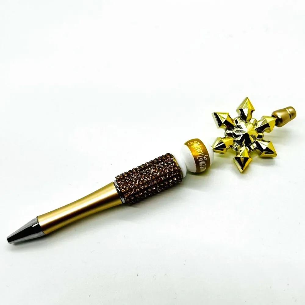 Unique Handmade Merry Christmas Gold Brown Crystal Snowflake Beaded Pen